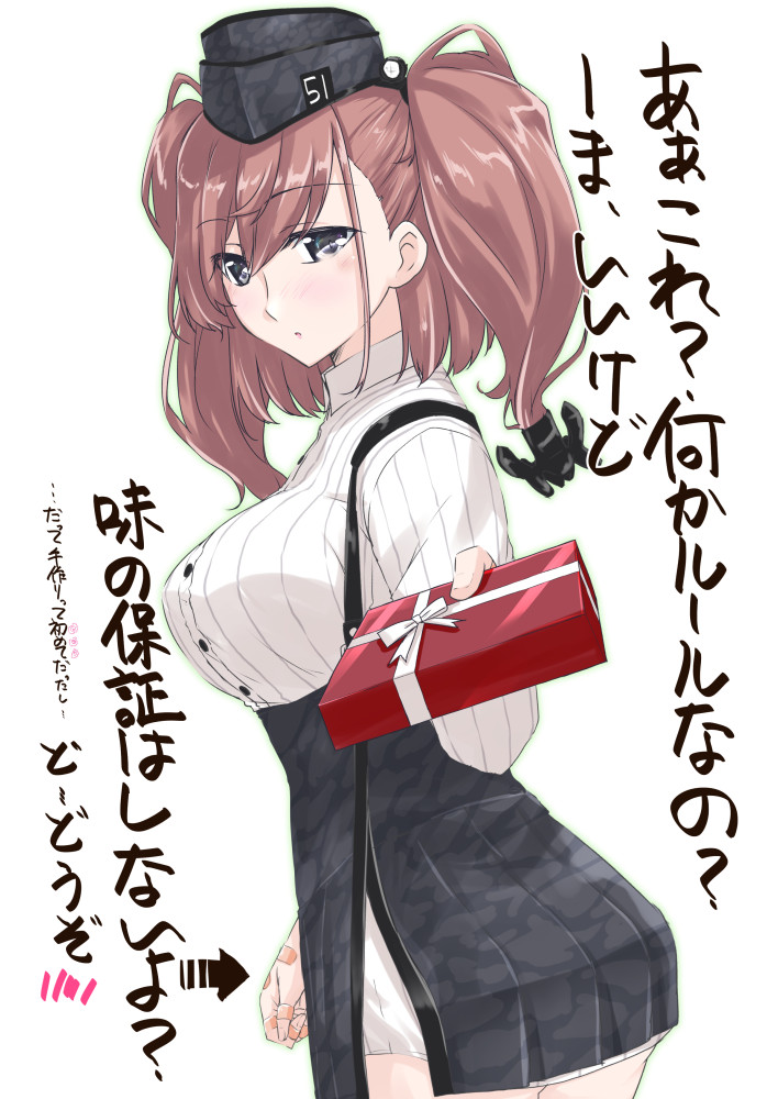 1girl anchor_hair_ornament arrow_(symbol) atlanta_(kancolle) bandaid bandaid_on_hand bangs black_eyes black_headwear black_skirt box breasts brown_hair eyebrows_visible_through_hair garrison_cap gift gift_box hair_ornament hat headgear high-waist_skirt holding holding_gift kantai_collection large_breasts long_hair long_sleeves mikage_takashi shirt skirt solo suspender_skirt suspenders translation_request two_side_up valentine when_you_see_it white_shirt
