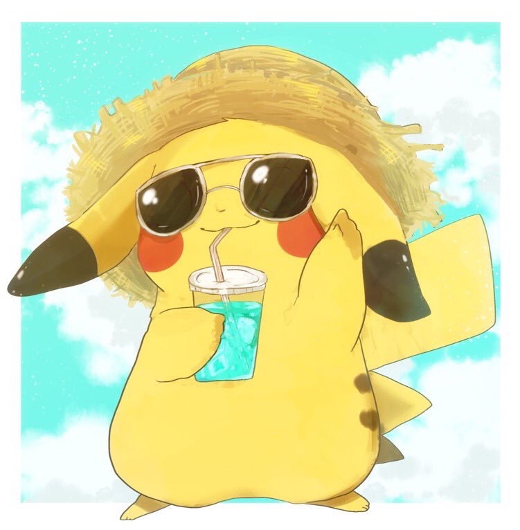 animal_focus arm_up banchiku blue_sky blush_stickers border brown_headwear clouds commentary_request cup day drink drinking drinking_straw full_body gen_1_pokemon hand_up hat holding holding_drink ice ice_cube jpeg_artifacts no_humans outdoors outside_border pikachu pokemon pokemon_(creature) sky solo standing straw_hat white-framed_eyewear white_border
