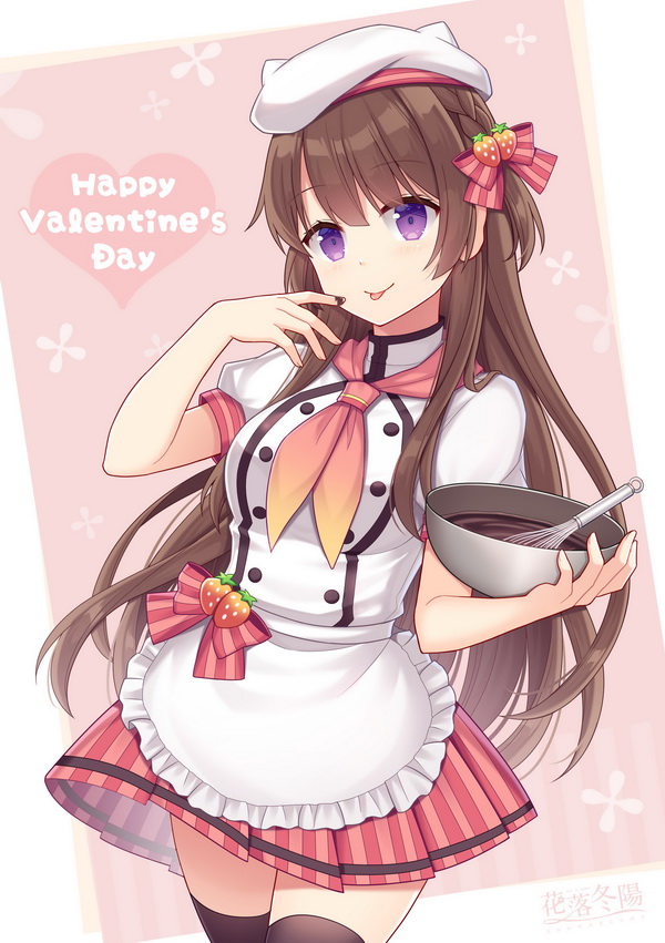 1girl :p apron beret black_legwear bow bowl breasts brown_hair character_request chocolate chocolate_on_fingers closed_mouth commentary_request food_on_finger food_themed_hair_ornament frilled_apron frills hair_bow hair_ornament hand_up happy_valentine hat heart hitsuki_rei holding holding_bowl long_hair medium_breasts pleated_skirt puffy_short_sleeves puffy_sleeves shirt short_sleeves skirt smile snowdreams_-lost_in_winter- solo strawberry_hair_ornament striped striped_bow thigh-highs tongue tongue_out two_side_up vertical-striped_skirt vertical_stripes very_long_hair waist_apron whisk white_apron white_headwear white_shirt