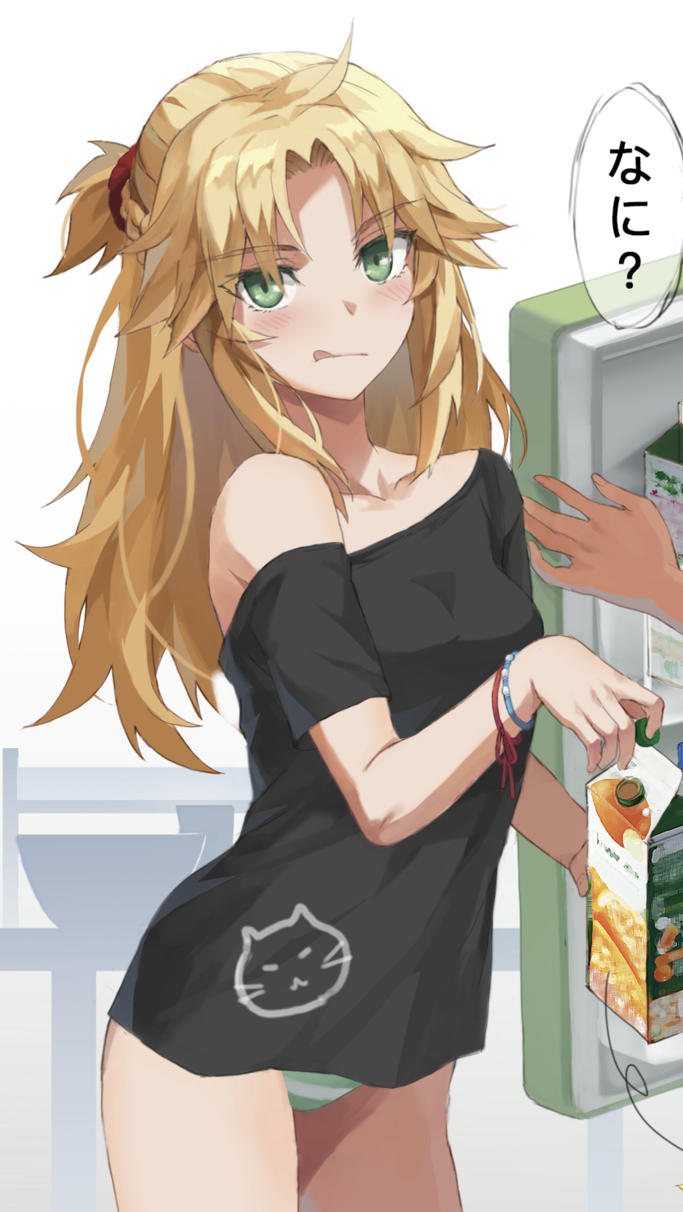 1girl absurdres bangs black_shirt blonde_hair blush braid breasts carton fate/apocrypha fate_(series) french_braid green_eyes hair_ornament hair_scrunchie highres juice licking_lips long_hair looking_at_viewer mordred_(fate) mordred_(fate)_(all) off-shoulder_shirt off_shoulder parted_bangs scrunchie shirt sidelocks small_breasts thighs tonee tongue tongue_out