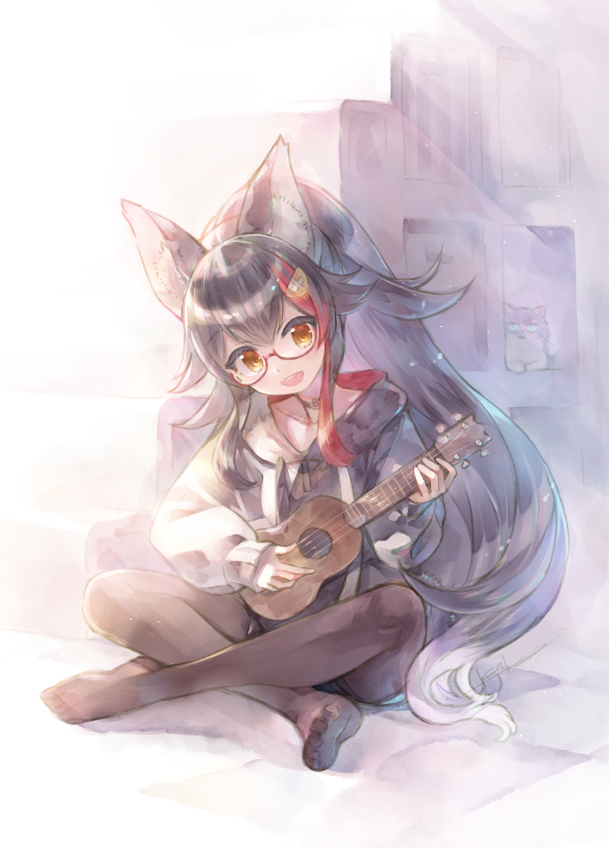1girl animal_ears black_hair blush cat full_body glasses hair_between_eyes hair_ornament hairclip highres holding holding_instrument hololive hood hoodie indian_style indoors instrument kei_(keigarou) long_hair long_sleeves multicolored_hair no_shoes ookami_mio pantyhose redhead sitting smile solo streaked_hair taiga_(ookami_mio) tail ukulele very_long_hair virtual_youtuber wolf_ears wolf_girl wolf_tail yellow_eyes