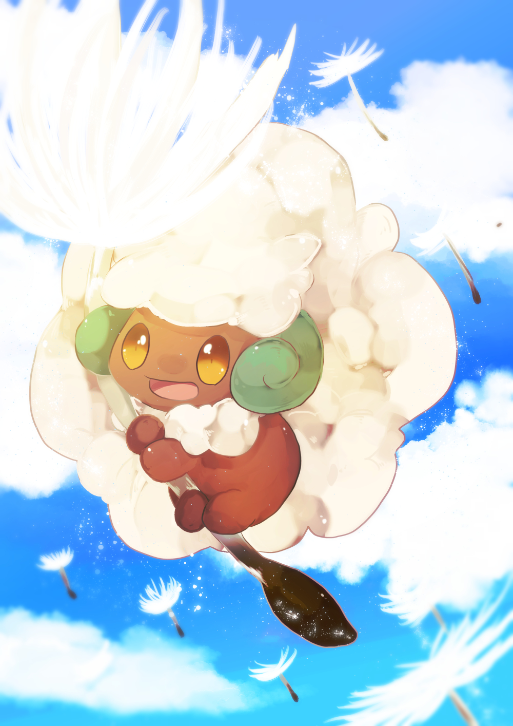 absurdly_long_hair animal_focus banchiku big_hair blue_sky brown_eyes clouds commentary_request dandelion_seed day floating full_body gen_5_pokemon highres long_hair no_humans open_mouth outdoors pokemon pokemon_(creature) sky solo very_long_hair whimsicott white_hair