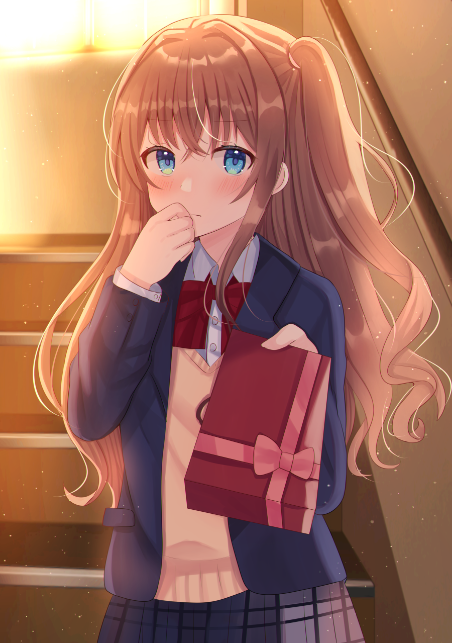 1girl arms_up bangs blazer blue_eyes blue_jacket blush bow bowtie box brown_hair covering_mouth embarrassed eyebrows_visible_through_hair gift gift_box hair_intakes hand_on_own_face handrail highres holding holding_gift incoming_gift indoors jacket light_frown light_particles long_hair nibosi original plaid plaid_skirt red_neckwear school_uniform shirt skirt solo stairs standing sunset sweater twilight two_side_up upper_body valentine very_long_hair white_shirt window