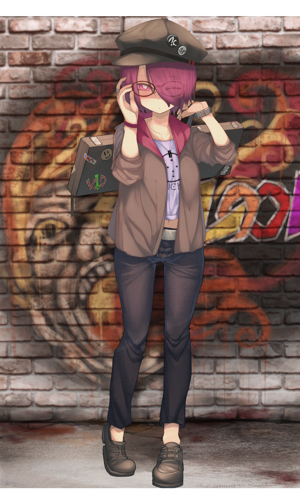 1girl =) adjusting_eyewear alternate_costume belt black_pants brick_wall brown_footwear brown_headwear brown_jacket closed_mouth clothes_pin clothes_writing commentary_request contemporary contrapposto cookie_(touhou) eyebrows_visible_through_hair eyes_visible_through_hair full_body glasses graffiti gush_(nicoseiga86404163) hair_over_one_eye hat hecatia_lapislazuli highres jacket jewelry ktgijgkgdusimn_(cookie) letterboxed midriff_peek navel necklace one_eye_closed pants purple_shirt red_eyes ring shirt shoes short_hair sleeves_rolled_up solo standing suitcase touhou watch watch