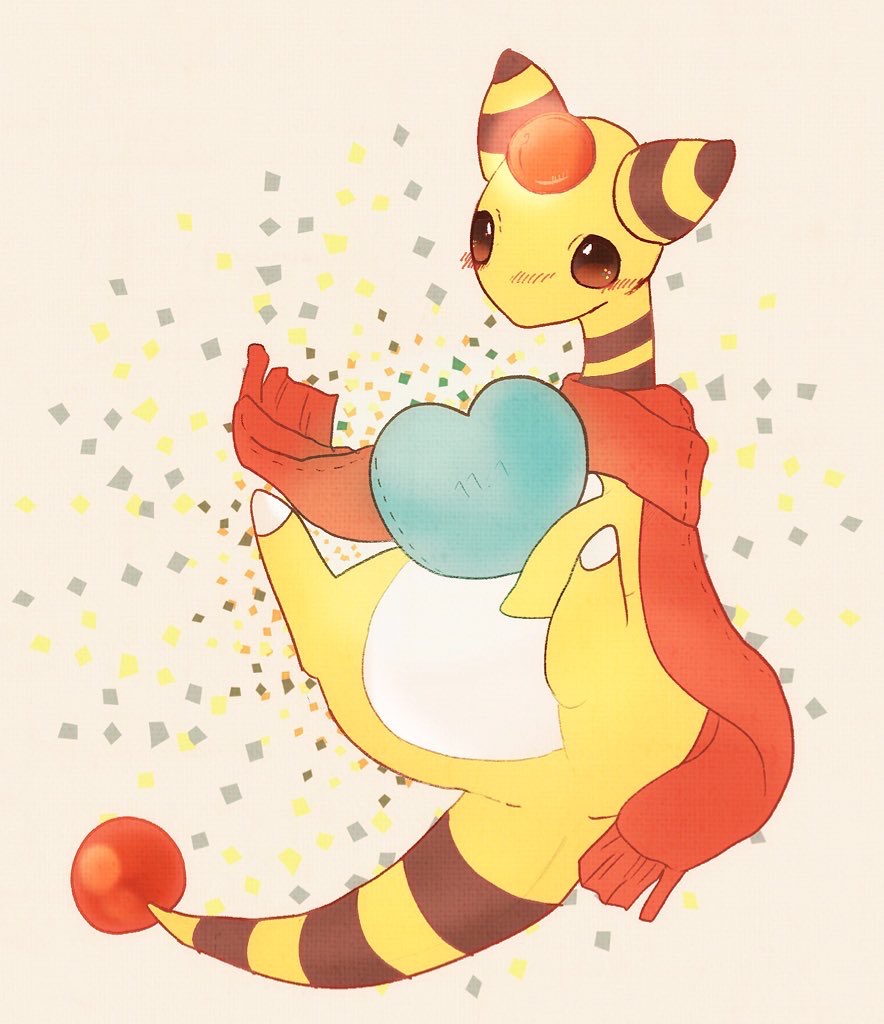 ampharos animal_focus banchiku blush brown_eyes clothed_pokemon commentary_request cushion dated forehead_jewel full_body gen_2_pokemon glowing heart holding jpeg_artifacts no_humans nose_blush pokemon pokemon_(creature) red_scarf scarf simple_background solo yellow_background