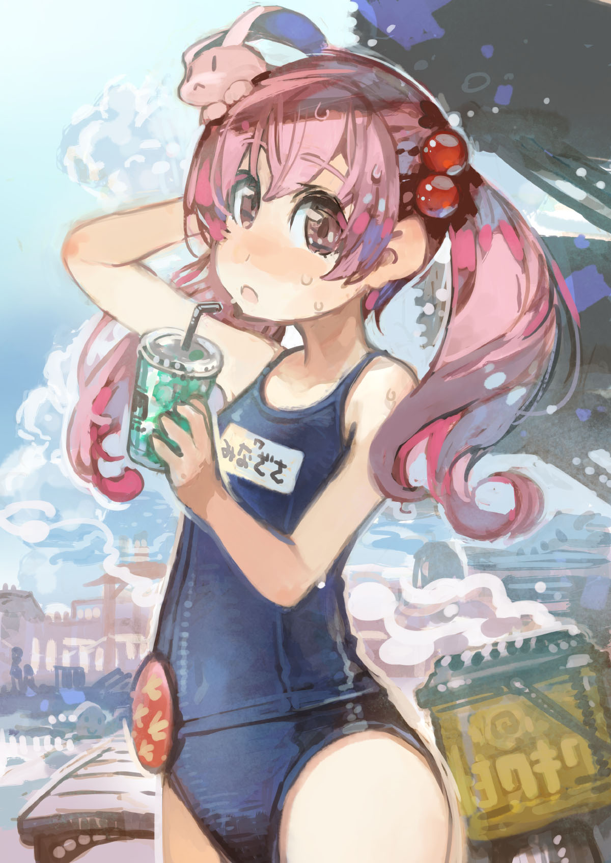 1girl bangs clouds commentary_request cup hair_tie hand_on_head highres holding holding_cup kantai_collection konno_takashi looking_at_viewer one-piece_swimsuit open_mouth pink_eyes pink_hair rabbit sazanami_(kancolle) school_swimsuit skyline solo sweatdrop swimsuit tree twintails