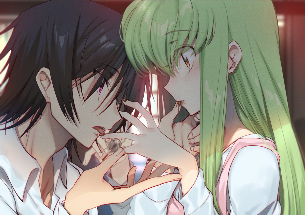 1boy 1girl apron bangs black_hair c.c. chin_hold chocolate chocolate_on_face chocolate_syrup code_geass collared_shirt creayus finger_licking finger_to_mouth food food_on_face green_hair hair_between_eyes holding holding_hand lelouch_lamperouge licking long_hair long_sleeves pink_apron profile shirt short_hair sidelocks tongue tongue_out upper_body violet_eyes white_shirt window yellow_eyes