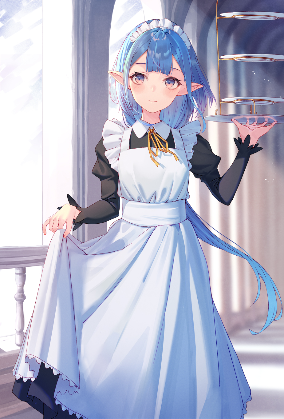 1girl apron arl black_dress blue_hair blurry blurry_background blush closed_mouth dress feet_out_of_frame hand_up highres holding holding_clothes holding_skirt holding_tray indoors juliet_sleeves light_smile long_hair long_sleeves looking_ahead maid maid_headdress original pointy_ears puffy_sleeves railing skirt solo standing tiered_tray tray very_long_hair violet_eyes white_apron white_headwear window