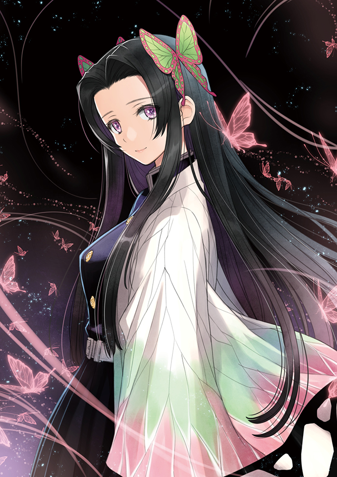 1girl belt black_hair breasts bug butterfly butterfly_hair_ornament coat cowboy_shot forehead hair_ornament haori insect japanese_clothes kimetsu_no_yaiba kochou_kanae long_hair long_sleeves looking_at_viewer medium_breasts pink_butterfly sidelocks smile solo standing tony_taka uniform violet_eyes white_belt wide_sleeves