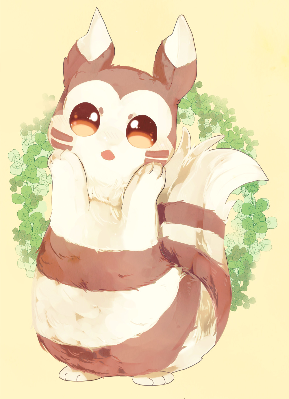 animal_focus banchiku blush brown_eyes clover commentary_request full_body furret gen_2_pokemon hands_on_own_cheeks hands_on_own_face hands_up head_tilt highres light_blush no_humans open_mouth pokemon pokemon_(creature) solo standing whisker_markings yellow_background