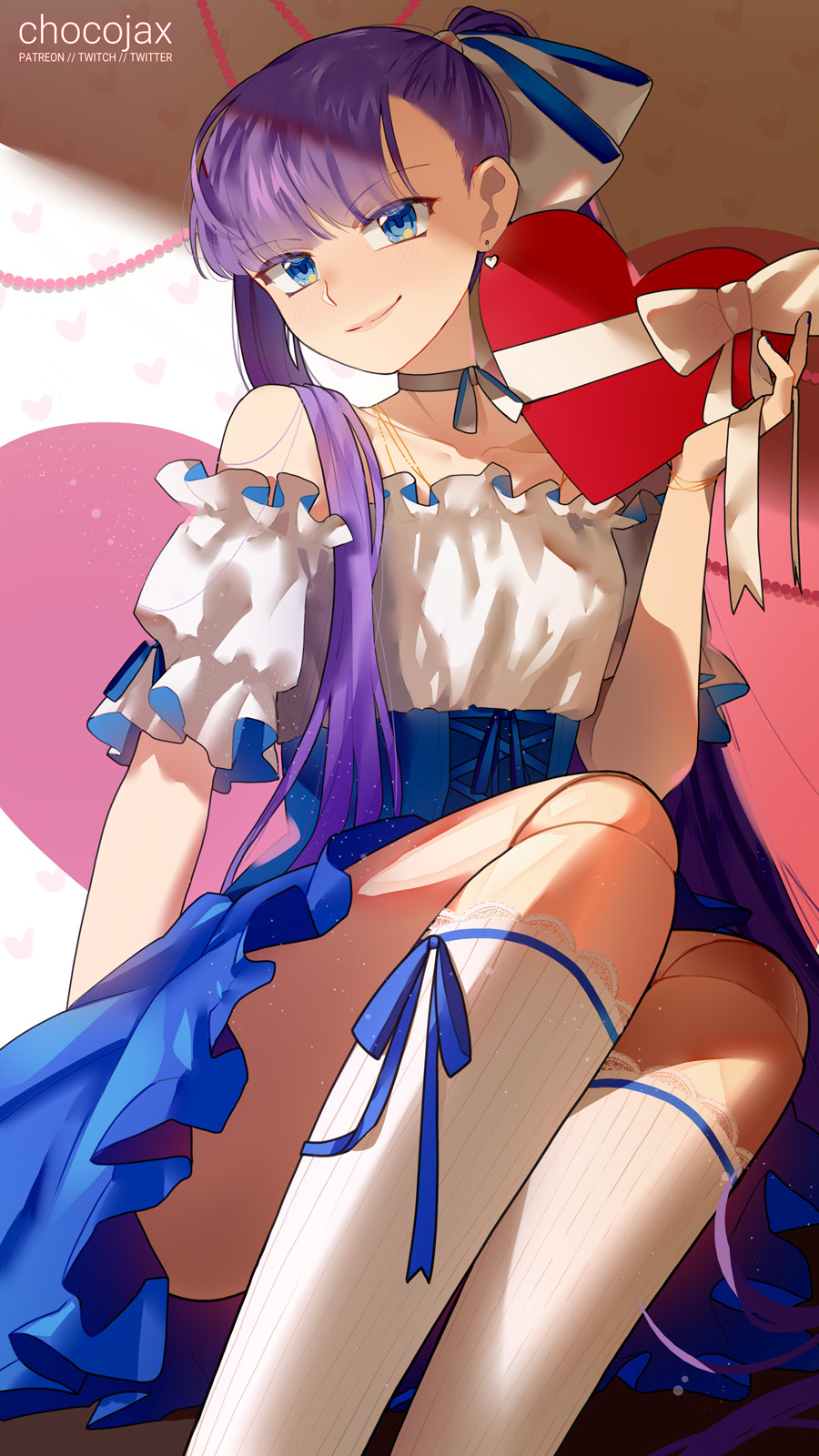 1girl bangs bare_shoulders blue_eyes blush box breasts chocojax collarbone fate/extra fate/extra_ccc fate_(series) gift gift_box heart-shaped_box highres long_hair looking_at_viewer meltryllis_(fate) purple_hair sitting small_breasts smile thighs valentine very_long_hair