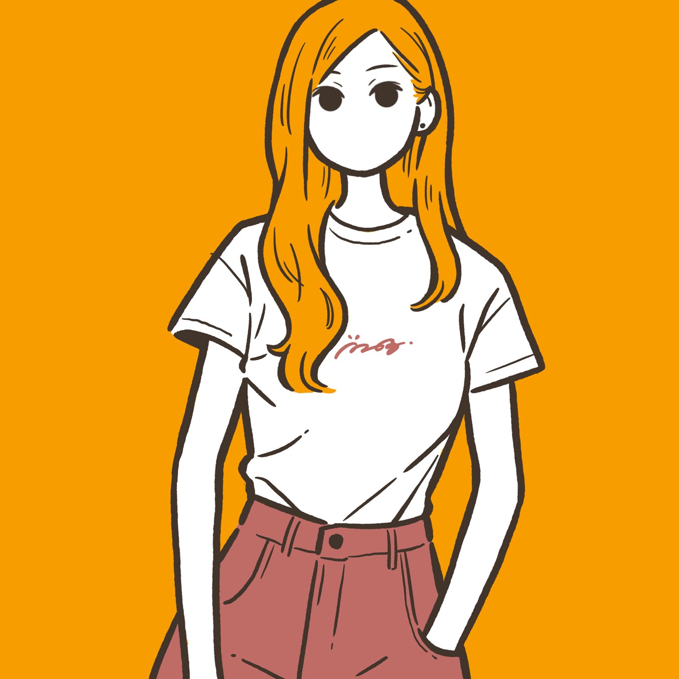 1girl black_eyes cowboy_shot earrings flat_color hand_in_pocket highres jewelry long_hair looking_at_viewer no_mouth no_nose orange_background orange_hair original pants red_pants shirt shirt_tucked_in short_sleeves simple_background solo white_shirt yoshi_mi_yoshi