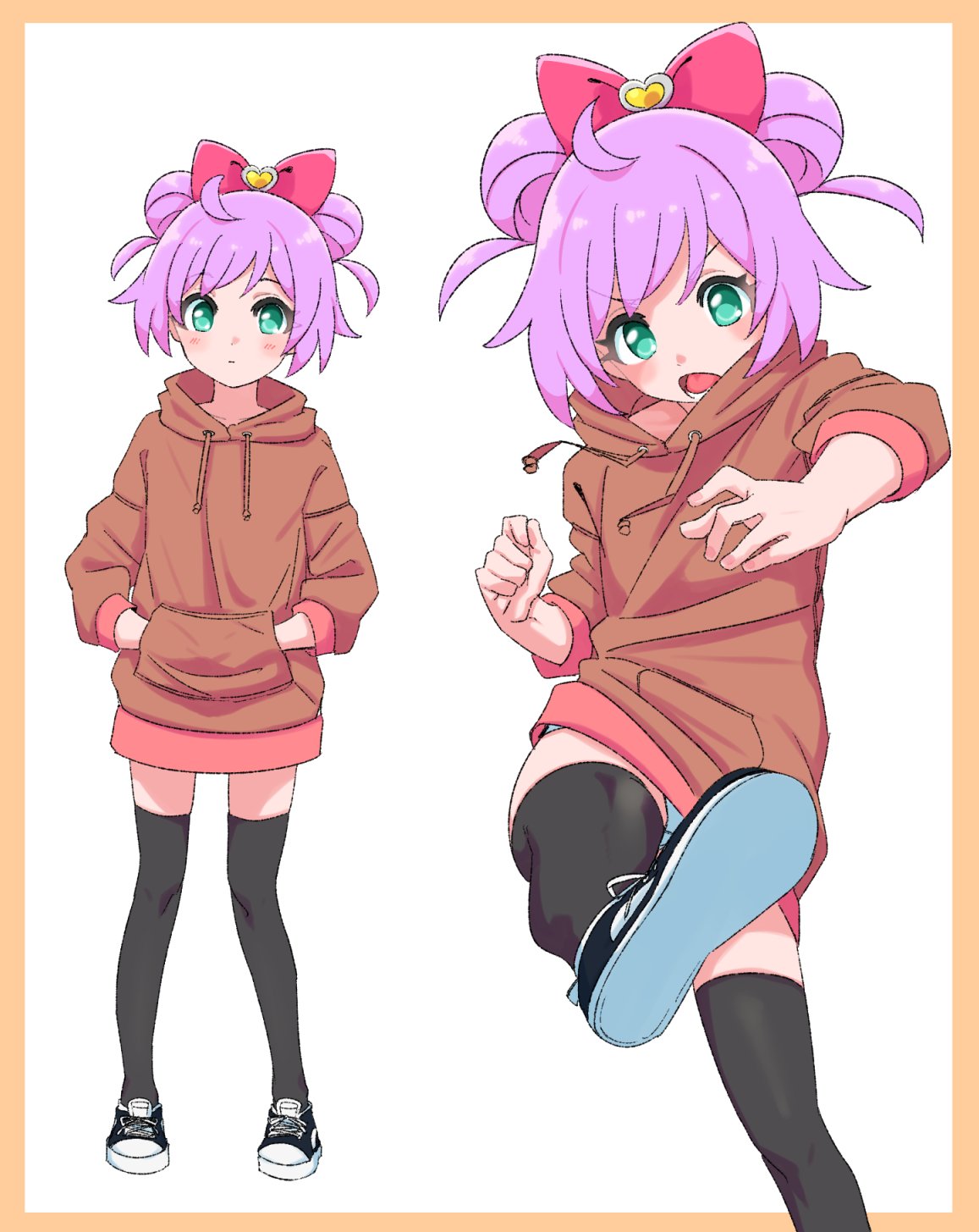 1girl black_legwear blush bow brown_hoodie closed_mouth double_bun full_body green_eyes hair_bow hands_in_pockets highres hizirinne hood hoodie kicking looking_at_viewer manaka_lala multiple_views no_pants open_mouth panties pink_bow pretty_(series) pripara purple_hair shoe_soles short_hair standing thigh-highs underwear v