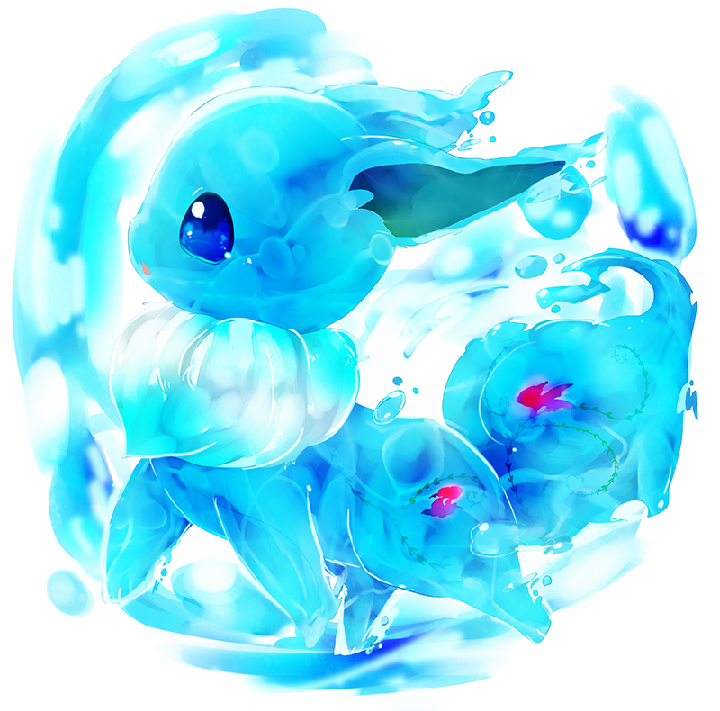 animal_focus banchiku blue_eyes blue_theme commentary_request eevee fish from_side full_body gen_1_pokemon goldfish no_humans open_mouth pokemon pokemon_(creature) profile simple_background solo transparent water white_background