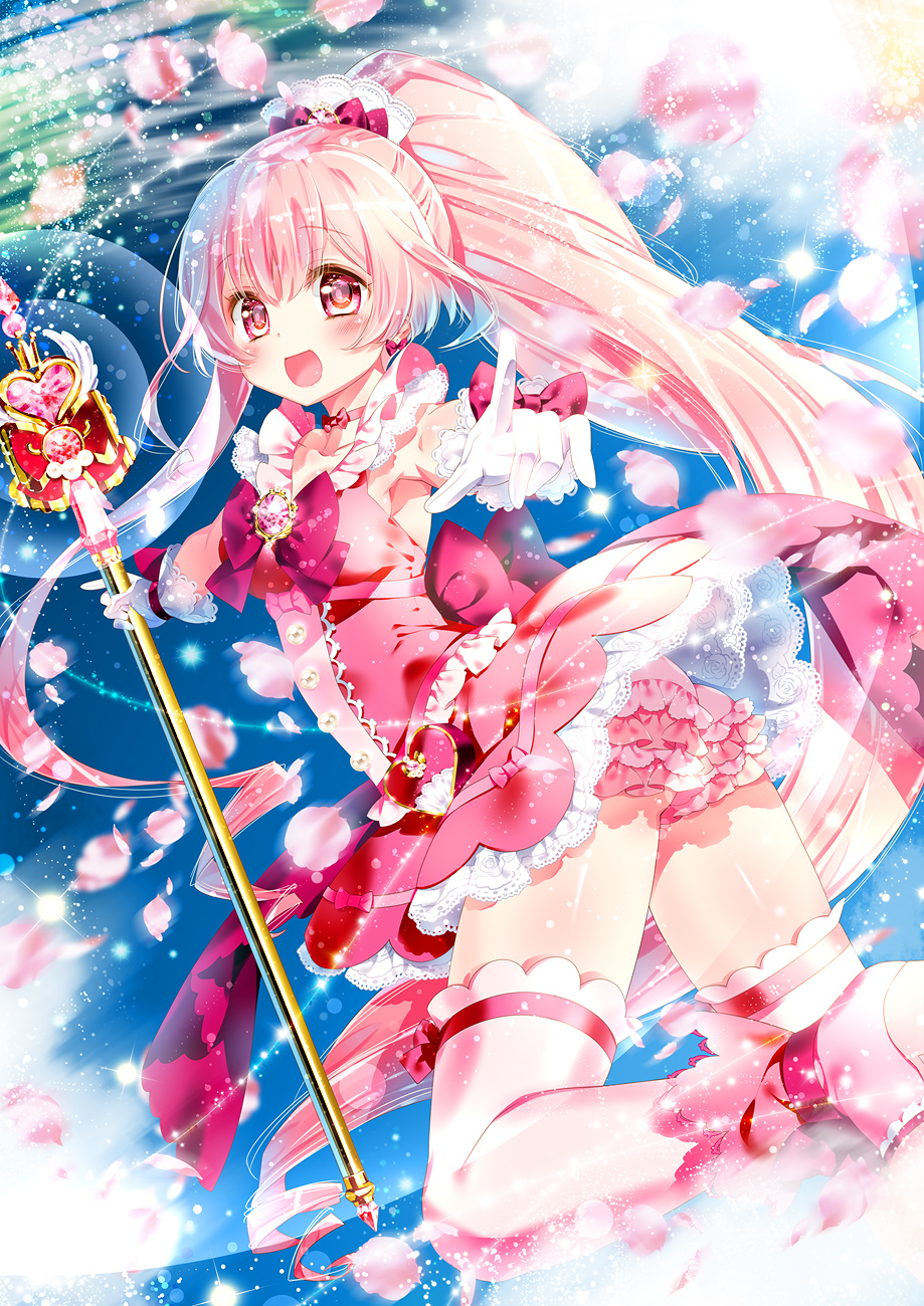 1girl :d back_bow blue_background blush bow brooch choker dress frilled_panties frills gem glove_bow gloves hair_bow highres holding holding_staff jewelry kamiya_maneki long_hair looking_at_viewer magical_girl open_mouth original panties petals pink_bow pink_dress pink_eyes pink_footwear pink_hair pink_legwear pink_neckwear pink_panties ponytail shiny shiny_skin shoes smile solo staff thigh-highs underwear white_gloves