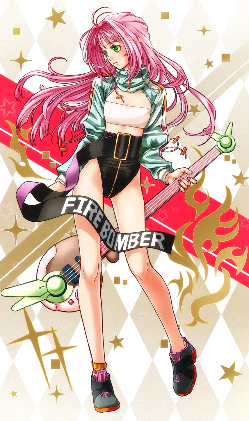 1girl akira_ituki bandeau black_footwear closed_mouth flat_chest floating_hair full_body green_eyes hair_intakes highleg highres holding holding_instrument instrument long_hair long_sleeves macross macross_7 mylene_jenius pink_hair pointy_ears shiny shiny_hair shrug_(clothing) solo standing very_long_hair