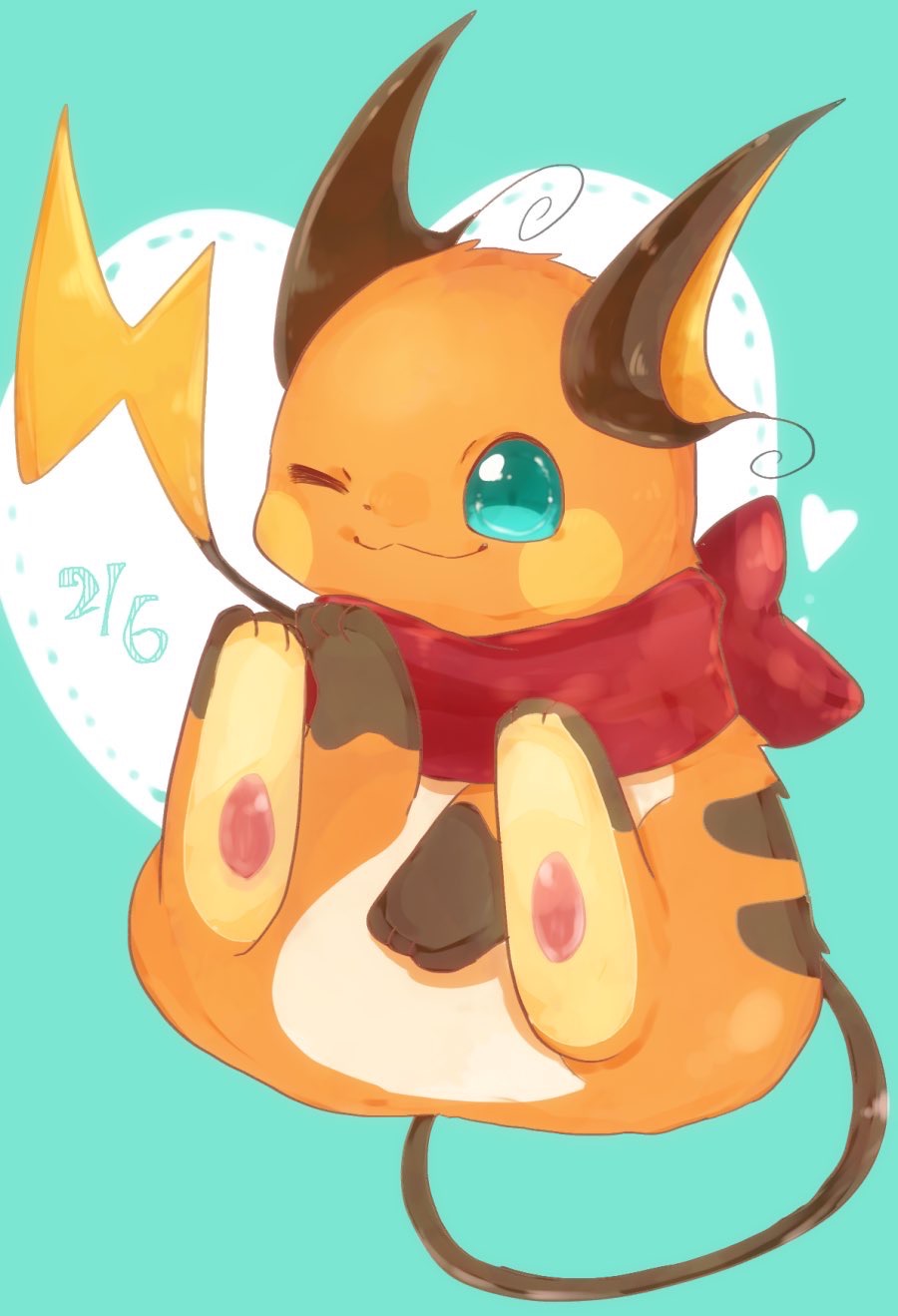 :3 animal_focus banchiku blue_background blue_eyes blush_stickers closed_mouth clothed_pokemon commentary_request dated full_body gen_1_pokemon hand_up happy heart highres jpeg_artifacts no_humans one_eye_closed pawpads pokemon pokemon_(creature) raichu red_scarf scarf simple_background sitting smile solo two-tone_background