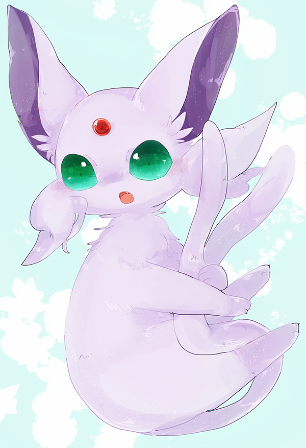 alternate_eye_color animal_focus banchiku blue_background blush commentary_request espeon fang forehead_jewel full_body gen_2_pokemon green_eyes light_blush no_humans nose_blush open_mouth pokemon pokemon_(creature) simple_background solo star_(symbol) star_in_eye symbol_in_eye two-tone_background