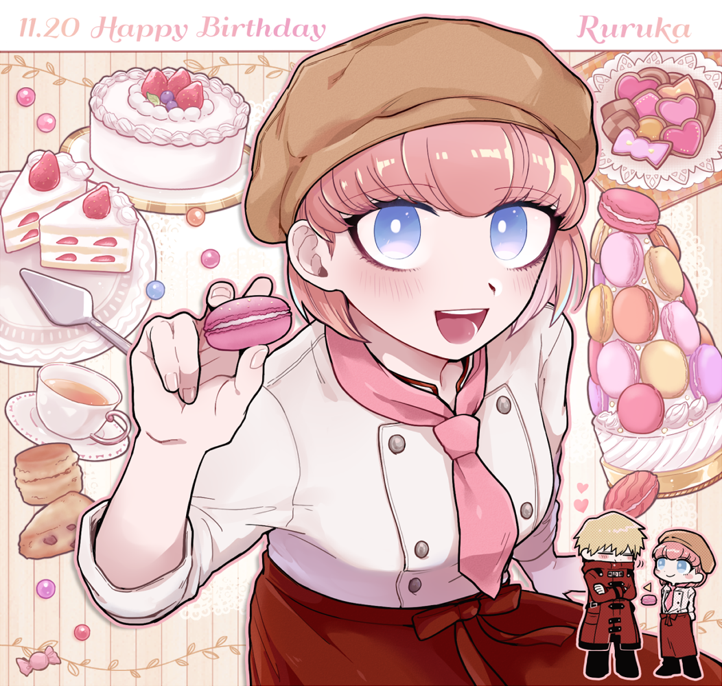 :d alternate_costume andou_ruruka apron bangs blonde_hair blue_eyes blush brown_headwear cake cake_slice candy character_name cloak commentary_request crossed_arms cupcake dangan_ronpa_(series) dangan_ronpa_3_(anime) double-breasted food fruit happy_birthday heart holding izayoi_sounosuke looking_at_viewer multiple_views open_mouth parfait pink_hair pink_neckwear red_apron red_cloak shimada_(dmisx) short_hair smile solo_focus strawberry strawberry_shortcake tea