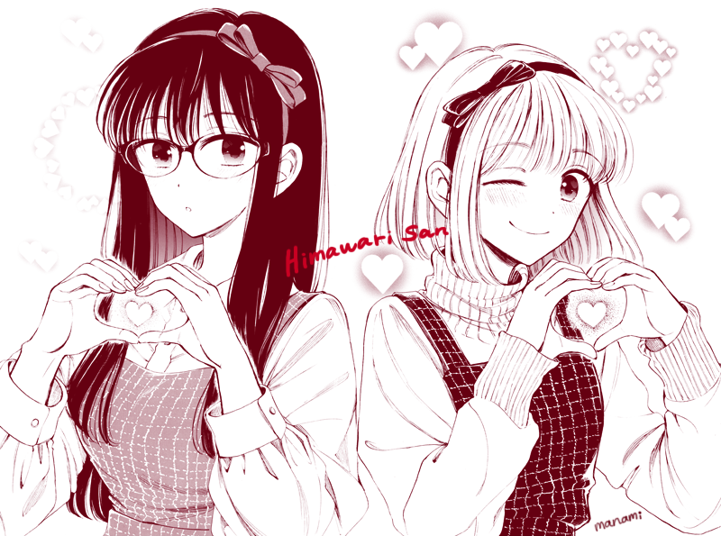 2girls :o ;) artist_name bangs blush bow_hairband breasts casual character_name closed_mouth collared_shirt commentary_request copyright_name dress glasses hairband heart heart_background heart_hands himawari-san himawari-san_(character) kazamatsuri_matsuri long_hair long_sleeves looking_at_viewer monochrome multiple_girls one_eye_closed shirt short_hair side-by-side signature sleeveless sleeveless_dress smile sugano_manami sweater turtleneck turtleneck_sweater upper_body white_background