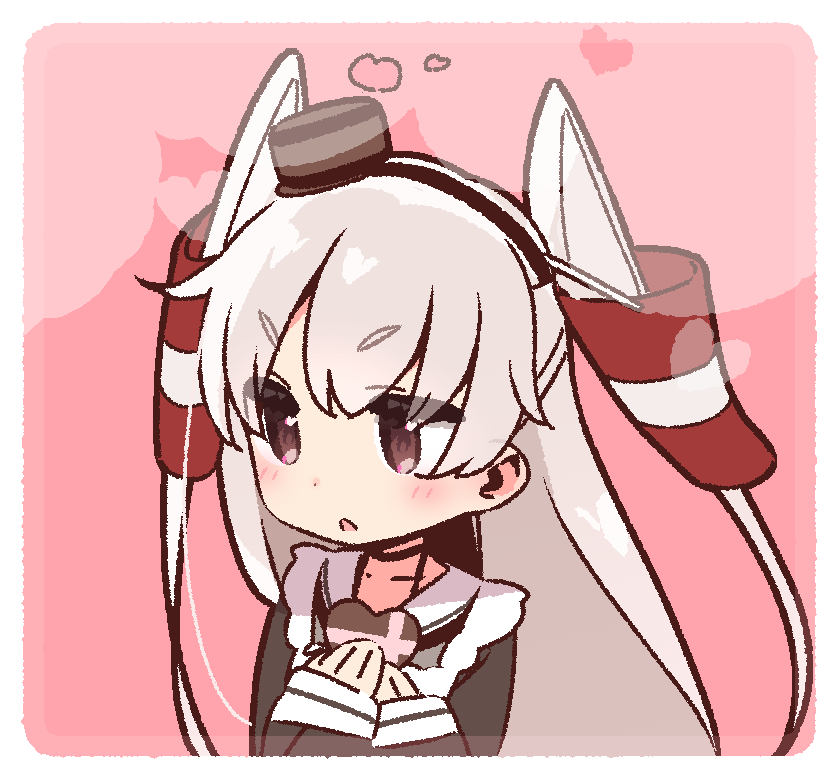 1girl amatsukaze_(kancolle) blush candy chocolate chocolate_heart food hair_tubes heart holding kantai_collection maid melt_(vocaloid) pink_background red_eyes silver_hair solo two_side_up valentine yoru_nai