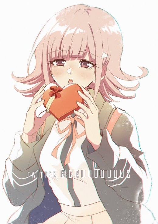 1girl :o bangs black_jacket black_shirt blunt_bangs blush box breasts criis-chan dangan_ronpa_(series) dangan_ronpa_2:_goodbye_despair eyebrows_visible_through_hair flipped_hair hair_ornament hands_up heart holding holding_box jacket light_brown_hair medium_hair nanami_chiaki neck_ribbon open_clothes open_jacket pink_eyes pink_ribbon red_ribbon ribbon shiny shiny_hair shirt shirt_tucked_in simple_background skirt solo spaceship_hair_ornament symbol_commentary twitter_username two-tone_shirt upper_teeth