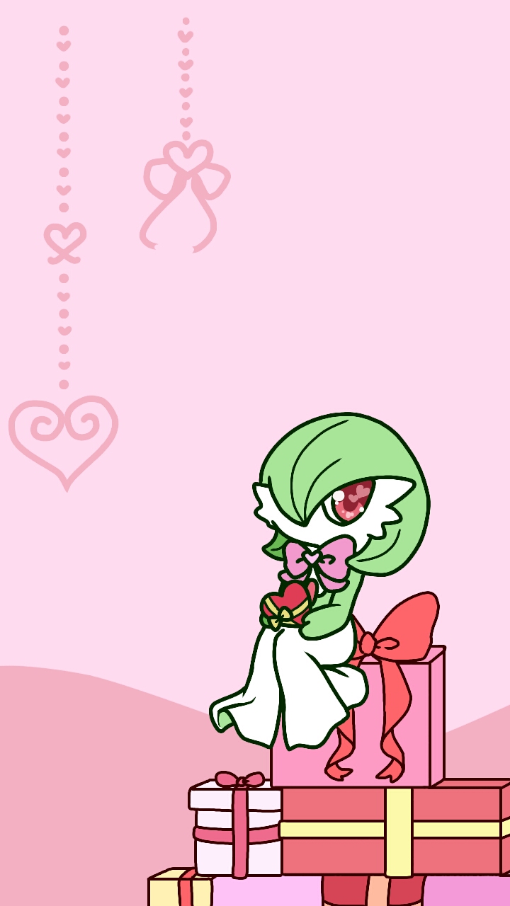 1girl bow bowtie box chibi commentary_request full_body gardevoir gen_3_pokemon gift green_hair hair_over_one_eye heart heart_in_eye highres holding muguet no_mouth pink_background pink_bow pink_neckwear pokemon pokemon_(creature) red_bow red_eyes red_ribbon ribbon short_hair simple_background sitting solo symbol_in_eye two-tone_background yellow_bow yellow_ribbon