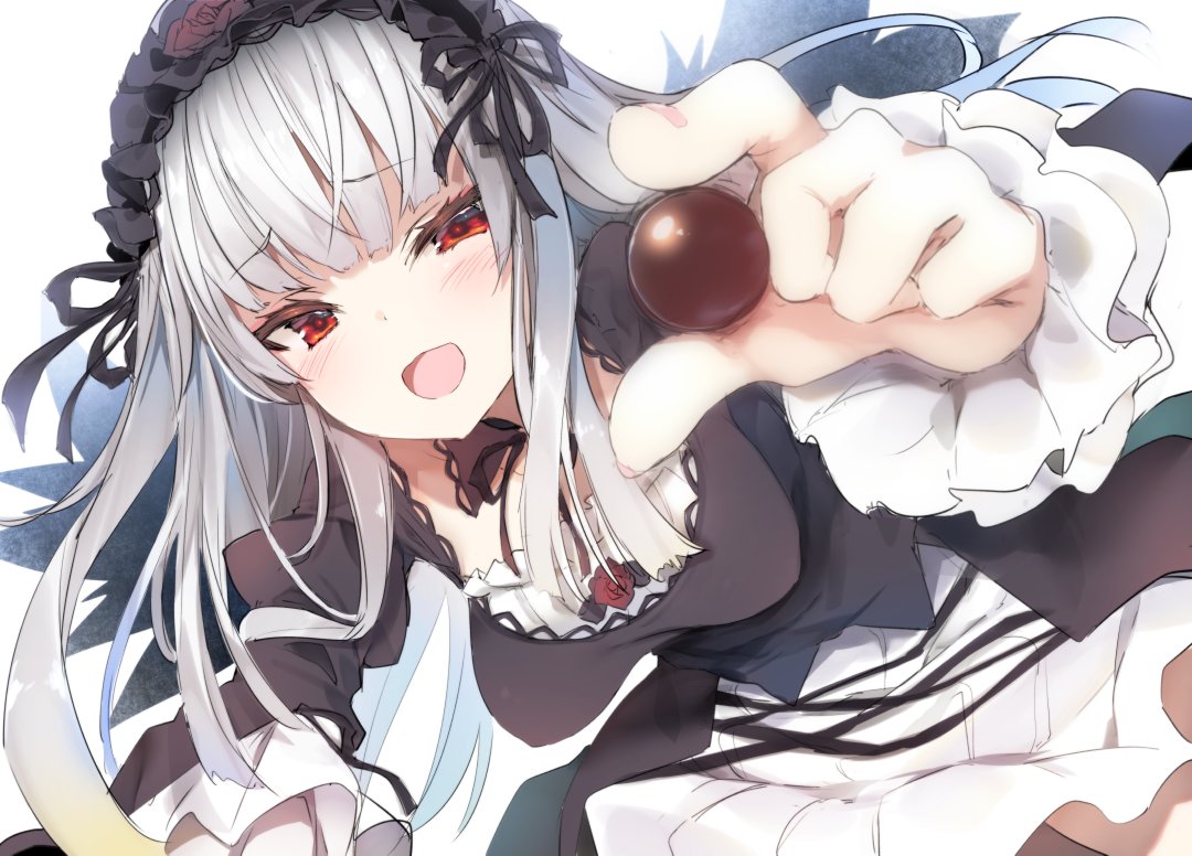 1girl bangs black_dress black_hairband black_neckwear breasts chocolate dress eyebrows_visible_through_hair flower food gothic_lolita hairband holding holding_chocolate holding_food lolita_fashion lolita_hairband long_hair long_sleeves looking_at_viewer medium_breasts open_mouth red_eyes red_flower red_rose rose rozen_maiden silver_hair simple_background skirt solo suigintou tousen valentine white_background white_skirt