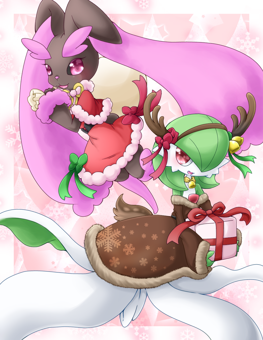 2girls :3 alternate_color animal_ears animal_nose antlers bag bare_shoulders bell black_sclera blush body_fur border bow brown_dress brown_fur bunny_tail clothed_pokemon colored_sclera commentary_request dress fake_horns fake_tail full_body fur_trim furry gardevoir gen_3_pokemon gen_4_pokemon gift green_bow green_hair hair_bell hair_ornament hair_over_one_eye hairband hand_up hands_up happy highres holding horns long_sleeves looking_at_viewer lopunny muguet multiple_girls open_mouth pink_background pink_eyes pink_fur pokemon pokemon_(creature) rabbit_ears rabbit_girl red_bow red_dress red_eyes red_ribbon reindeer_antlers ribbon santa_costume shiny_pokemon short_hair simple_background smile tail two-tone_fur white_border yellow_bow