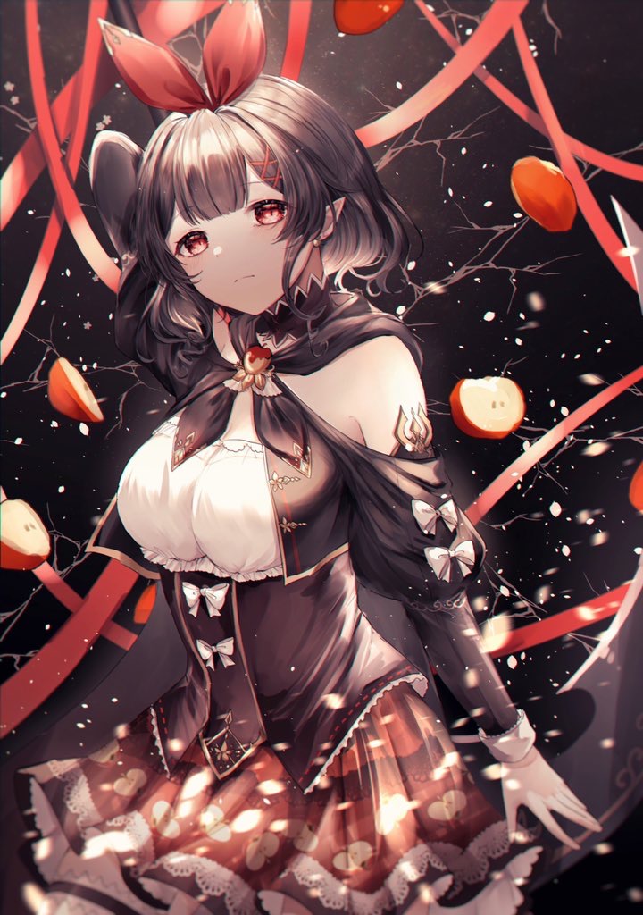 1girl apple black_hair closed_mouth corset detached_sleeves food frown fruit hair_ornament lace long_sleeves noyu_(noyu23386566) original pointy_ears red_eyes ribbon skirt sleeve_cuffs solo white_ribbon x_hair_ornament