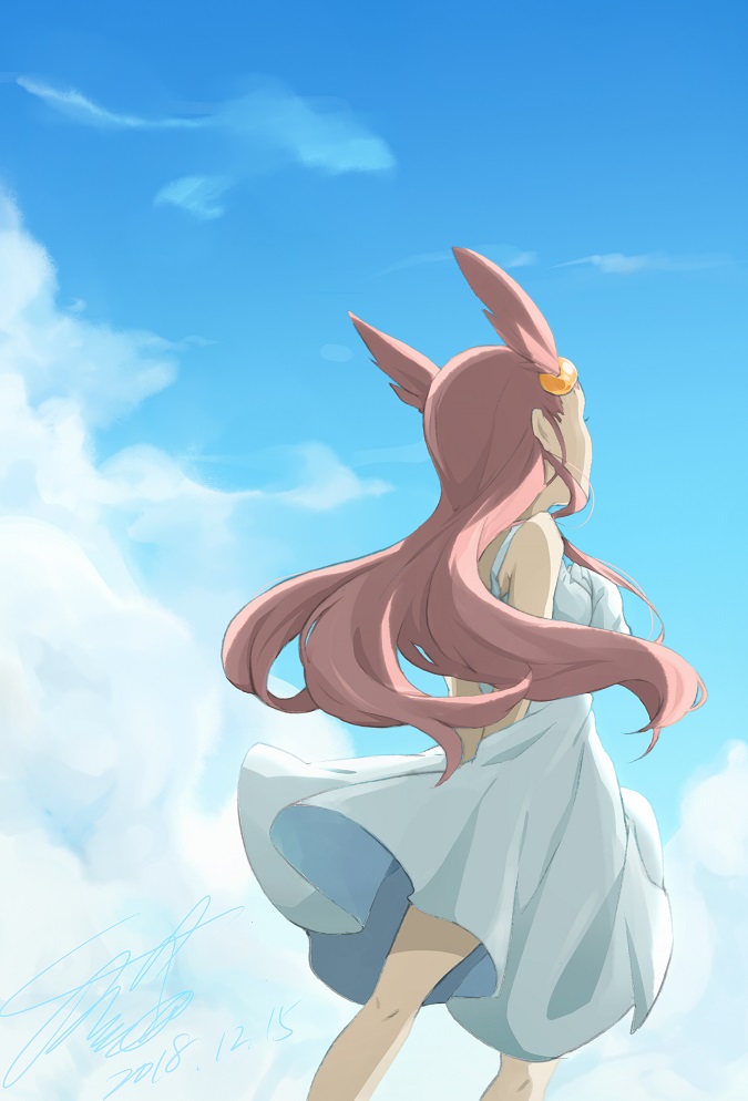 1girl arms_behind_back artist_name bare_shoulders blue_sky brown_hair choumame clouds commentary_request dated day dress from_behind hair_bobbles hair_ornament jasmine_(pokemon) kneepits long_hair outdoors pokemon pokemon_(game) pokemon_gsc signature sky sleeveless sleeveless_dress solo standing tied_hair white_dress