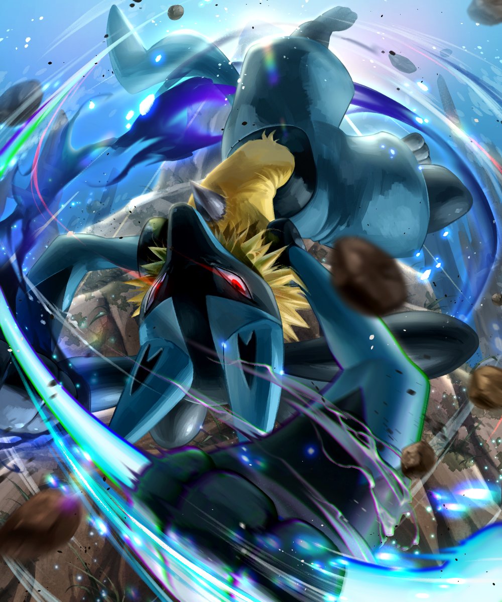 8686island blurry commentary_request energy gen_4_pokemon glowing glowing_eyes highres holding looking_at_viewer lucario motion_blur pokemon pokemon_(creature) red_eyes rock solo spikes toes yellow_fur