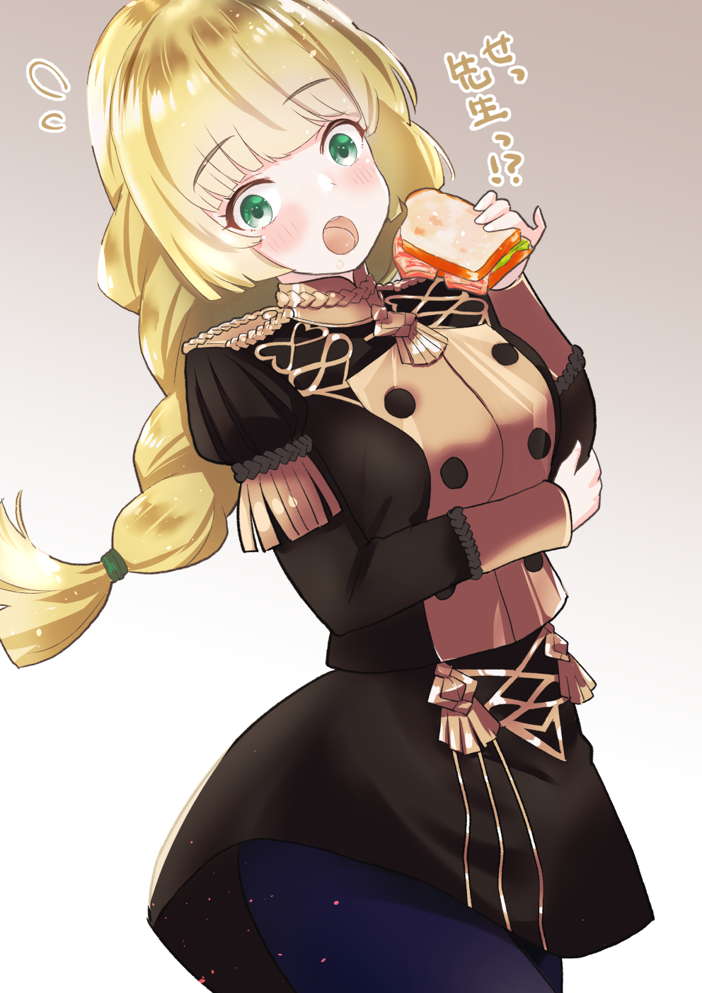 1girl :o bangs black_jacket black_skirt blonde_hair blue_legwear blush breasts commentary_request cowboy_shot eyebrows_visible_through_hair fire_emblem fire_emblem:_three_houses food garreg_mach_monastery_uniform gradient gradient_background green_eyes grey_background hand_up highres holding holding_food ingrid_brandl_galatea jacket long_hair long_sleeves looking_at_viewer medium_breasts miniskirt open_mouth pantyhose partial_commentary sandwich shibaame skirt skirt_set solo standing translation_request