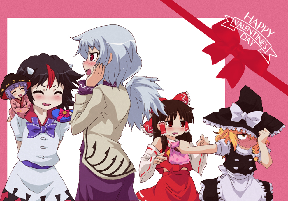 5girls akuto apron arms_behind_back back_bow beige_jacket black_hair black_headwear black_vest blonde_hair blush bow bowl bowl_hat bowtie box braid brown_hair closed_eyes detached_sleeves dress embarrassed english_text feathered_wings full-face_blush grey_hair hair_bow hair_tubes hakurei_reimu hand_on_own_cheek hand_on_own_face happy_valentine hat hat_bow heart-shaped_box horns japanese_clothes kijin_seija kimono kirisame_marisa kishin_sagume long_hair long_sleeves minigirl multicolored_hair multiple_girls open_mouth pink_background pink_kimono purple_dress purple_hair purple_neckwear red_bow red_eyes red_shirt red_skirt redhead shirt short_hair short_sleeves single_braid single_wing skirt smile streaked_hair sukuna_shinmyoumaru touhou upper_body valentine vest waist_apron white_bow white_dress white_shirt wide_sleeves wings witch_hat yellow_eyes