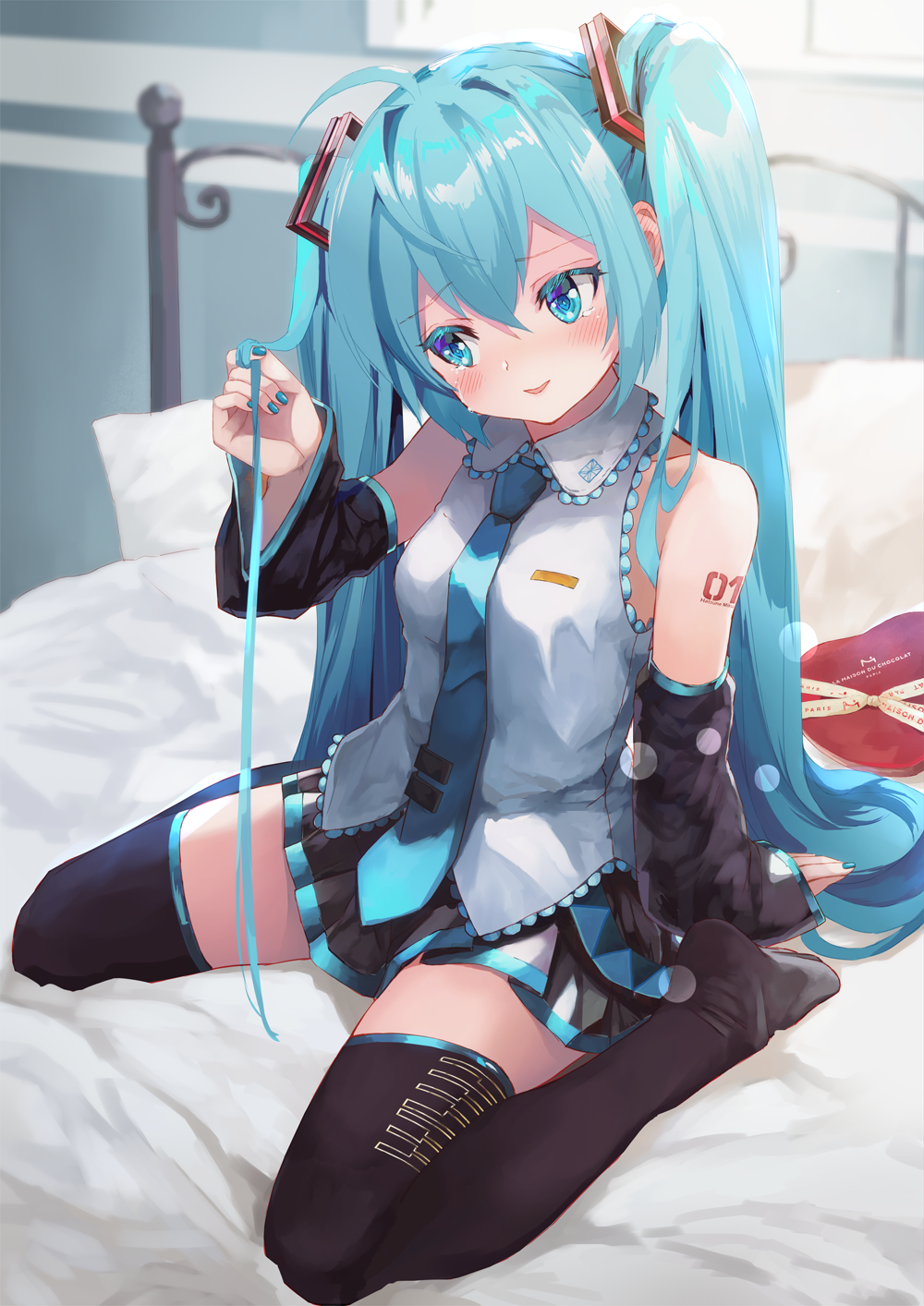 1girl aqua_eyes aqua_hair aqua_nails aqua_neckwear bare_shoulders bed bed_frame black_legwear black_skirt black_sleeves blush box commentary crying crying_with_eyes_open detached_sleeves full_body furrowed_eyebrows grey_shirt hair_ornament hair_twirling hatsune_miku heart-shaped_box highres long_hair miniskirt nail_polish necktie parted_lips piano_print pillow pleated_skirt seiza shirt shoulder_tattoo sitting skirt sleeveless sleeveless_shirt solo takepon1123 tattoo tears thigh-highs twintails valentine very_long_hair vocaloid window zettai_ryouiki