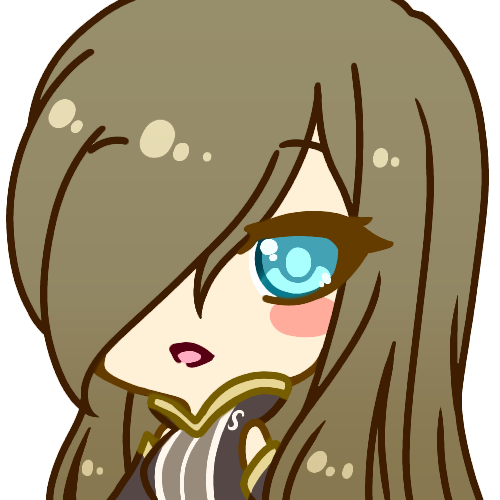 1girl bare_shoulders blue_eyes blush blush_stickers brown_hair chibi commentary_request detached_sleeves eyebrows_visible_through_hair face hair_over_one_eye happy long_hair looking_at_viewer lowres muguet open_mouth shiny shiny_hair simple_background sleeveless smile solo tales_of_(series) tales_of_the_abyss tear_grants white_background