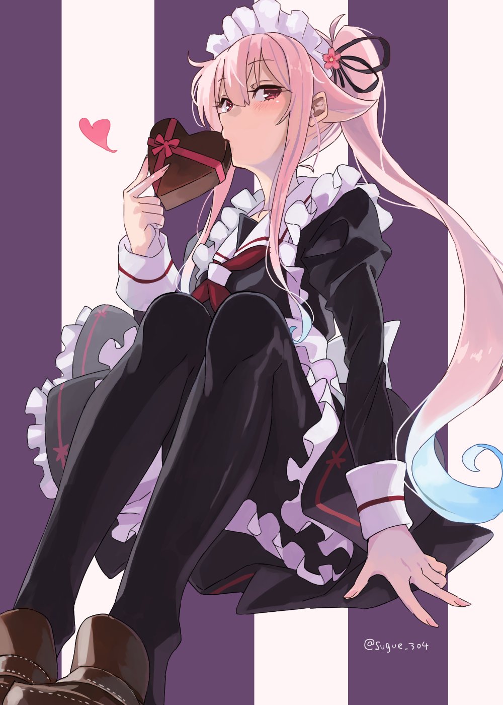 1girl adapted_costume alternate_costume apron black_dress black_legwear box brown_footwear dress enmaided fingernails gift gift_box harusame_(kancolle) heart heart-shaped_box highres holding holding_gift juliet_sleeves kantai_collection long_hair long_sleeves maid maid_apron maid_headdress neckerchief pantyhose pink_hair puffy_sleeves red_eyes red_neckwear side_ponytail solo sugue_tettou twitter_username white_apron