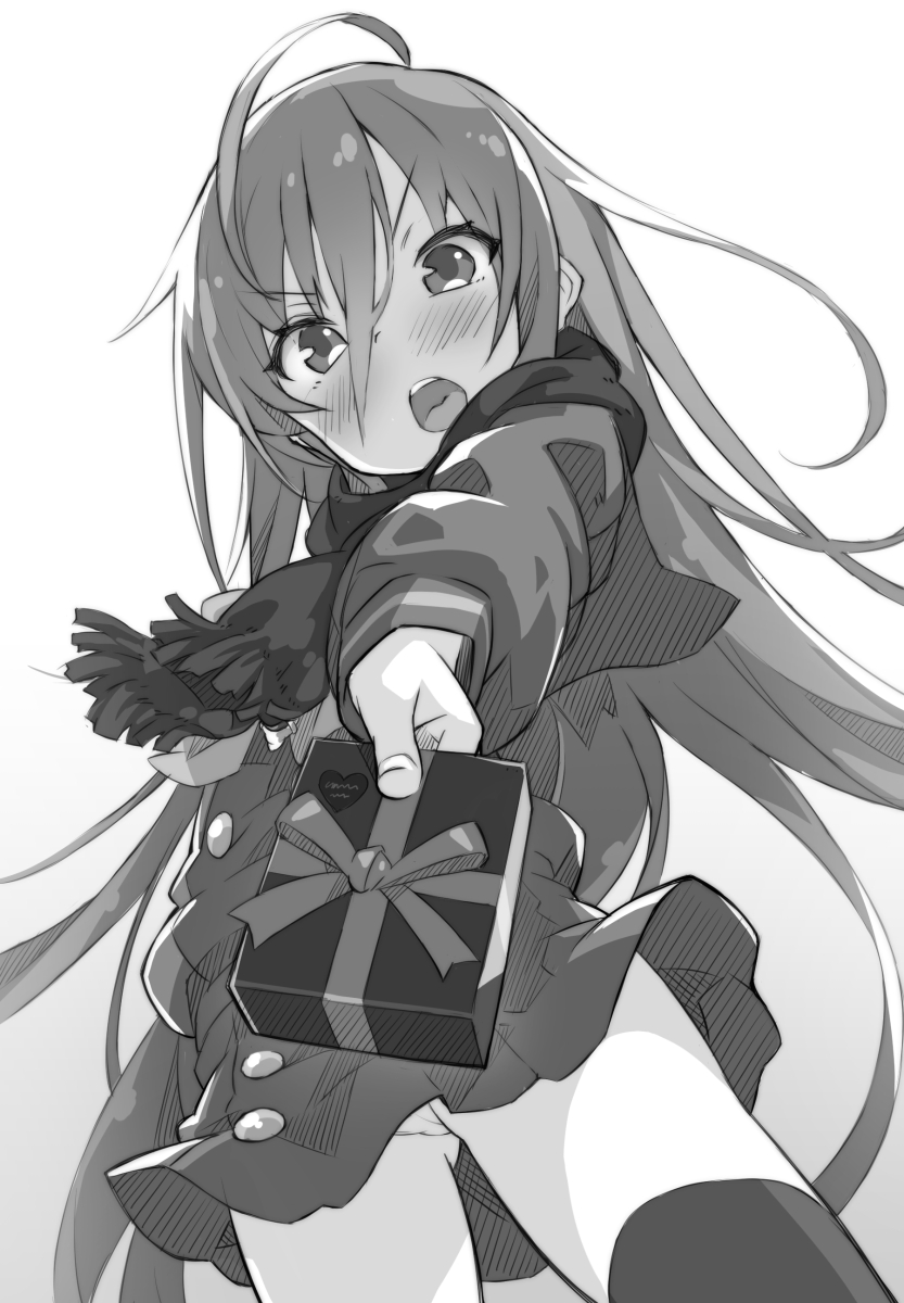 1girl ahoge embarrassed gift greyscale hair_between_eyes highres incoming_gift long_sleeves looking_at_viewer miniskirt monochrome open_mouth panties pantyshot roke scarf school_uniform shakugan_no_shana shana simple_background skirt solo standing thigh-highs underwear white_background
