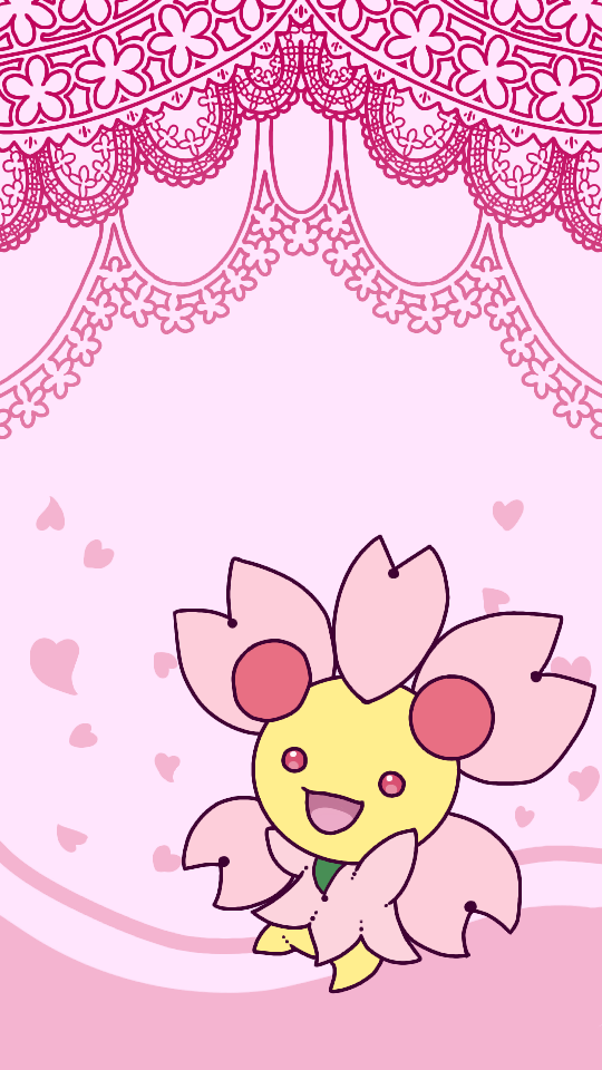 cherubi commentary_request full_body gen_4_pokemon muguet no_humans open_mouth petals pink_background pink_theme pokemon pokemon_(creature) red_eyes simple_background smile solo standing