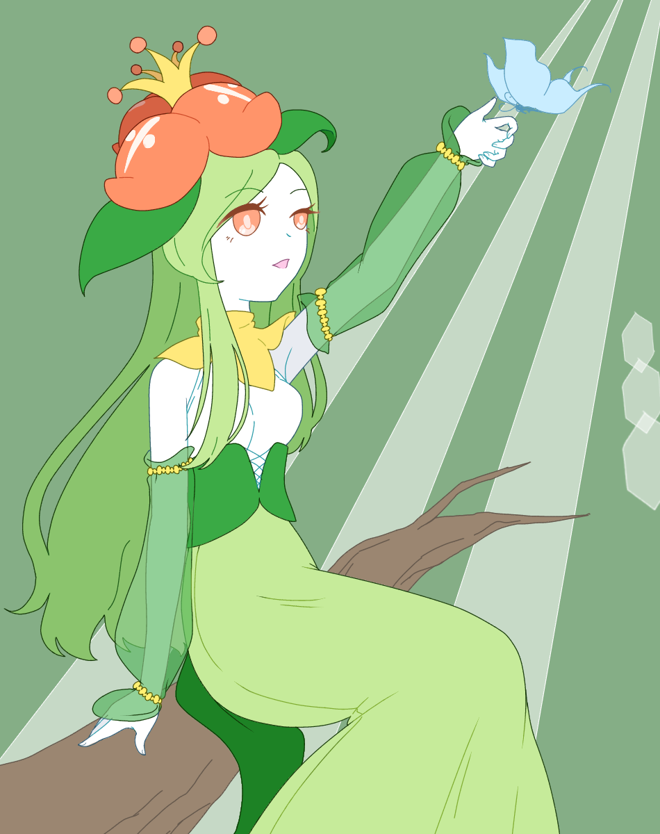 1girl arm_up breasts bug butterfly colored_skin commentary_request corset crown detached_sleeves eyebrows_visible_through_hair gen_5_pokemon green_background green_hair green_skirt happy highres insect light_rays lilligant long_hair medium_breasts mini_crown muguet open_mouth orange_eyes personification pokemon see-through shirt simple_background sitting skirt sleeveless sleeveless_shirt smile solo sunbeam sunlight white_shirt white_skin
