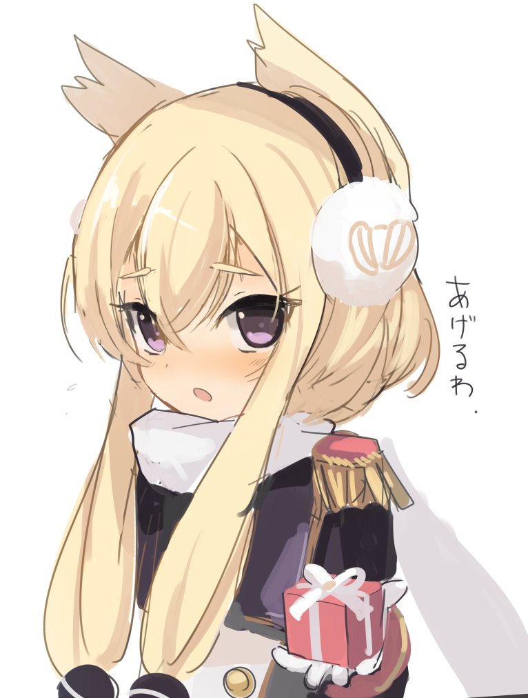 1girl azur_lane bangs black_jacket blonde_hair blush box commentary_request earmuffs epaulettes eyebrows_visible_through_hair flying_sweatdrops gift gift_box hair_between_eyes hair_ears hand_up holding holding_gift jacket long_hair parted_lips scarf simple_background solo taharu_kousuke thick_eyebrows translated upper_body violet_eyes warspite_(azur_lane) white_background white_scarf