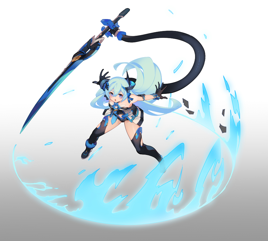 1girl aqua_hair asymmetrical_horns backless_outfit bare_shoulders black_gloves blade breasts gloves high_heels honkai_(series) honkai_impact_3rd horns liliya_olenyeva long_hair mechanical_tail naoya_come prehensile_tail small_breasts solo tail thigh-highs very_long_hair violet_eyes