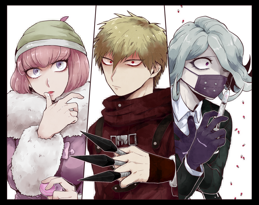 1boy 2girls andou_ruruka between_fingers black_border black_jacket blonde_hair border breasts candy cloak commentary_request dangan_ronpa_(series) dangan_ronpa_3_(anime) dress_shirt finger_licking food fur_trim gloves grey_hair hand_on_own_chest hand_up holding holding_candy holding_food holding_knife izayoi_sounosuke jacket kimura_seiko knife large_breasts letterboxed licking long_sleeves looking_at_viewer mask mouth_mask multiple_girls open_clothes open_jacket pale_skin pink_eyes pink_hair pink_jacket red_cloak shimada_(dmisx) shiny shiny_hair shirt short_hair surgical_mask syringe violet_eyes white_shirt wide-eyed