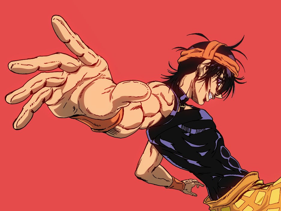 1boy abs bare_arms bare_shoulders black_hair commentary_request foreshortening grin headband ishimoto_shun'ichi jojo_no_kimyou_na_bouken looking_to_the_side male_focus messy_hair narancia_ghirga official_style orange_skirt outstretched_arm outstretched_hand perspective red_background short_hair sideways_glance simple_background skin_tight skirt sleeveless smile solo symbol_commentary toned toned_male vento_aureo violet_eyes wristband
