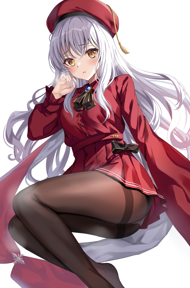 1girl bangs beret breasts brooch brown_legwear caren_hortensia caren_hortensia_(amor_caren) dress fate/grand_order fate_(series) feet_out_of_frame harimoji hat jewelry legs long_hair long_sleeves looking_at_viewer medium_breasts neck_ribbon pantyhose parted_lips red_dress red_headwear ribbon shawl thighband_pantyhose thighs wavy_hair white_hair yellow_eyes