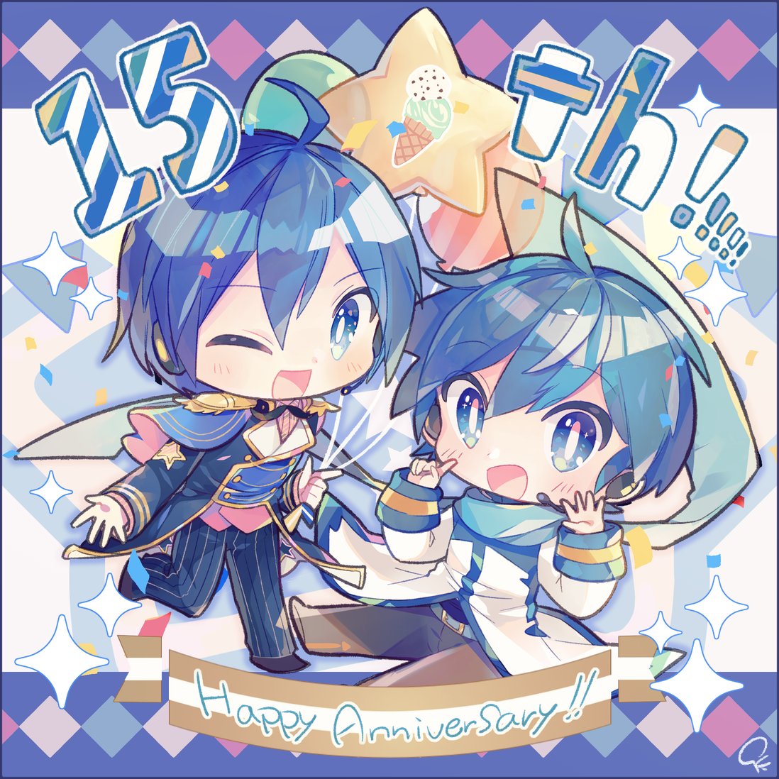 2boys anniversary balloon band_uniform blue_eyes blue_hair blue_jacket blue_pants blue_scarf brown_pants chibi coat commentary confetti dual_persona epaulettes food headphones headset ice_cream ice_cream_cone jacket kaito kinoko_neppu looking_at_viewer male_focus multiple_boys one_eye_closed open_mouth pants project_sekai scarf smile sparkle star_(symbol) star_balloon vocaloid white_coat