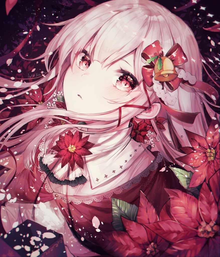1girl bell english_commentary eyebrows_behind_hair flower hair_between_eyes hair_ornament lace leaf noyu_(noyu23386566) original parted_lips pink_hair poinsettia red_eyes red_flower shirt solo visible_ears white_shirt