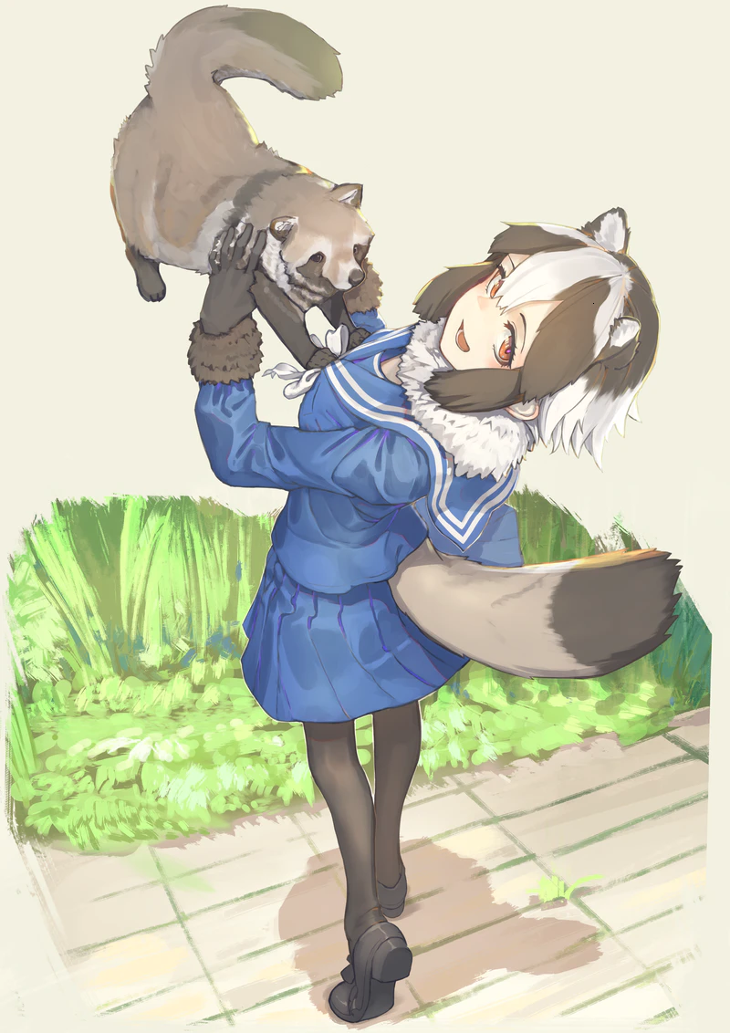 1girl animal animal_ears black_footwear blue_shirt blue_skirt bow bowtie brown_fur brown_gloves brown_hair brown_legwear commission don3 extra_ears eyebrows_visible_through_hair from_above from_behind fur_collar fur_trim gloves holding holding_animal kemono_friends long_sleeves looking_at_viewer looking_back multicolored_hair orange_eyes pantyhose pleated_skirt raccoon_ears raccoon_girl raccoon_tail sailor_collar school_uniform serafuku shirt short_hair skeb_commission skirt solo tail tanuki tanuki_(kemono_friends) white_fur white_hair white_neckwear