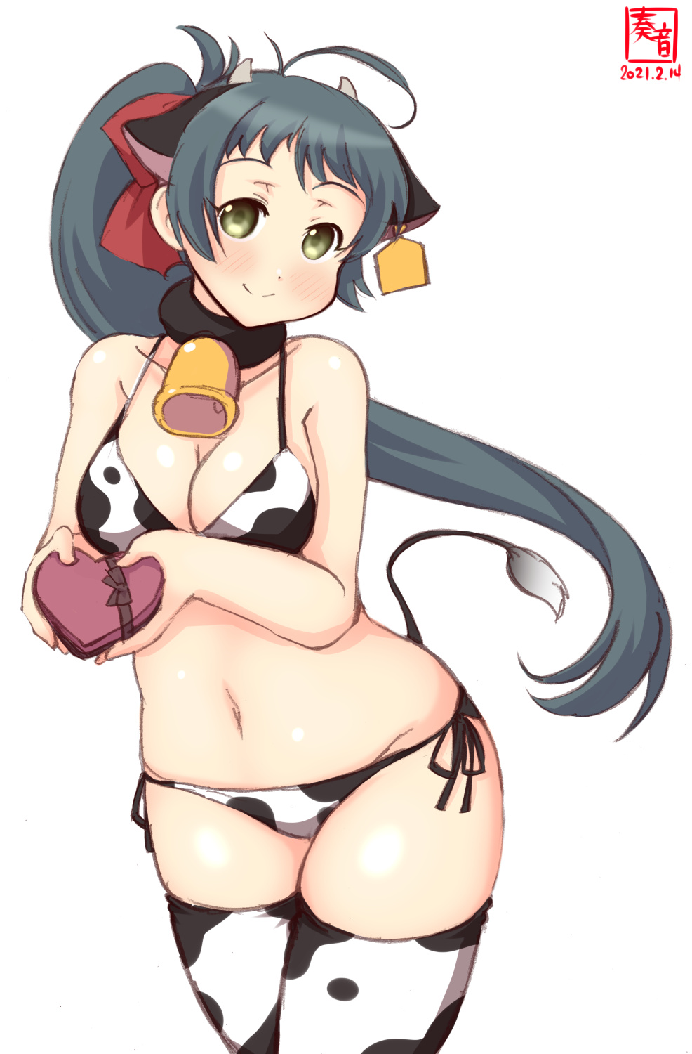 1girl alternate_costume animal_ears animal_print artist_logo bikini box breasts commentary_request cow_ears cow_horns cow_print cow_tail cowboy_shot dated ear_tag fake_animal_ears fake_horns gift green_eyes green_hair heart highres horns irako_(kancolle) kanon_(kurogane_knights) kantai_collection large_breasts long_hair ponytail side-tie_bikini simple_background solo standing swimsuit tail thigh-highs white_background white_bikini white_legwear