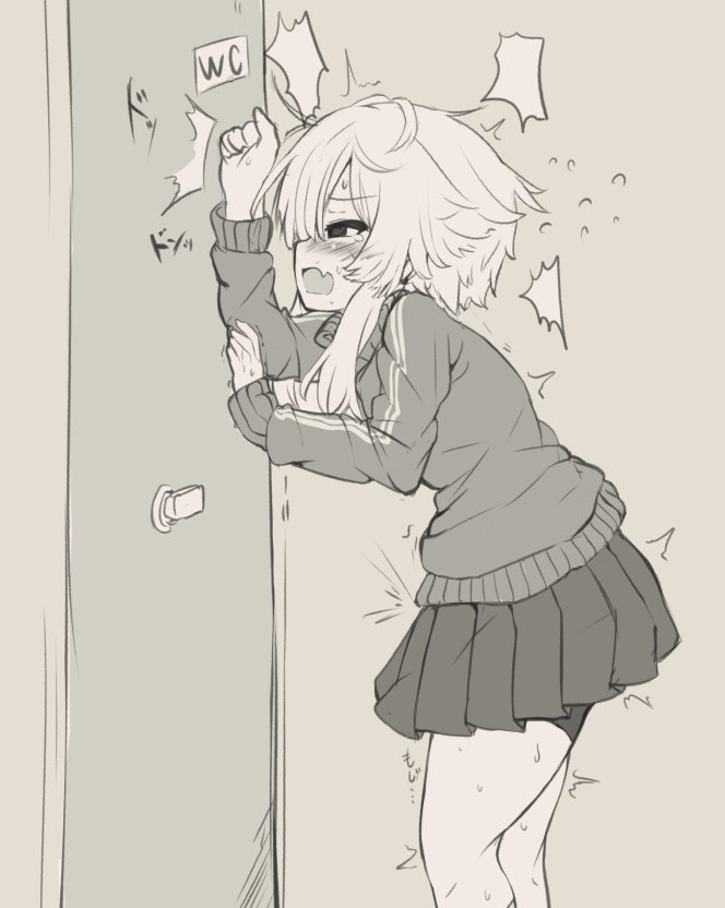 1girl ^^^ arm_up bangs bike_shorts blush clenched_hand commentary_request door doorknob embarrassed eyebrows_visible_through_hair fang flying_sweatdrops from_side half-closed_eyes hand_up have_to_pee jacket jpeg_artifacts knocking long_sleeves miniskirt monochrome natsuki_teru nekomiya_ryuu open_mouth original partial_commentary pleated_skirt short_hair sideways_mouth skirt solo standing sweat tears translated trembling